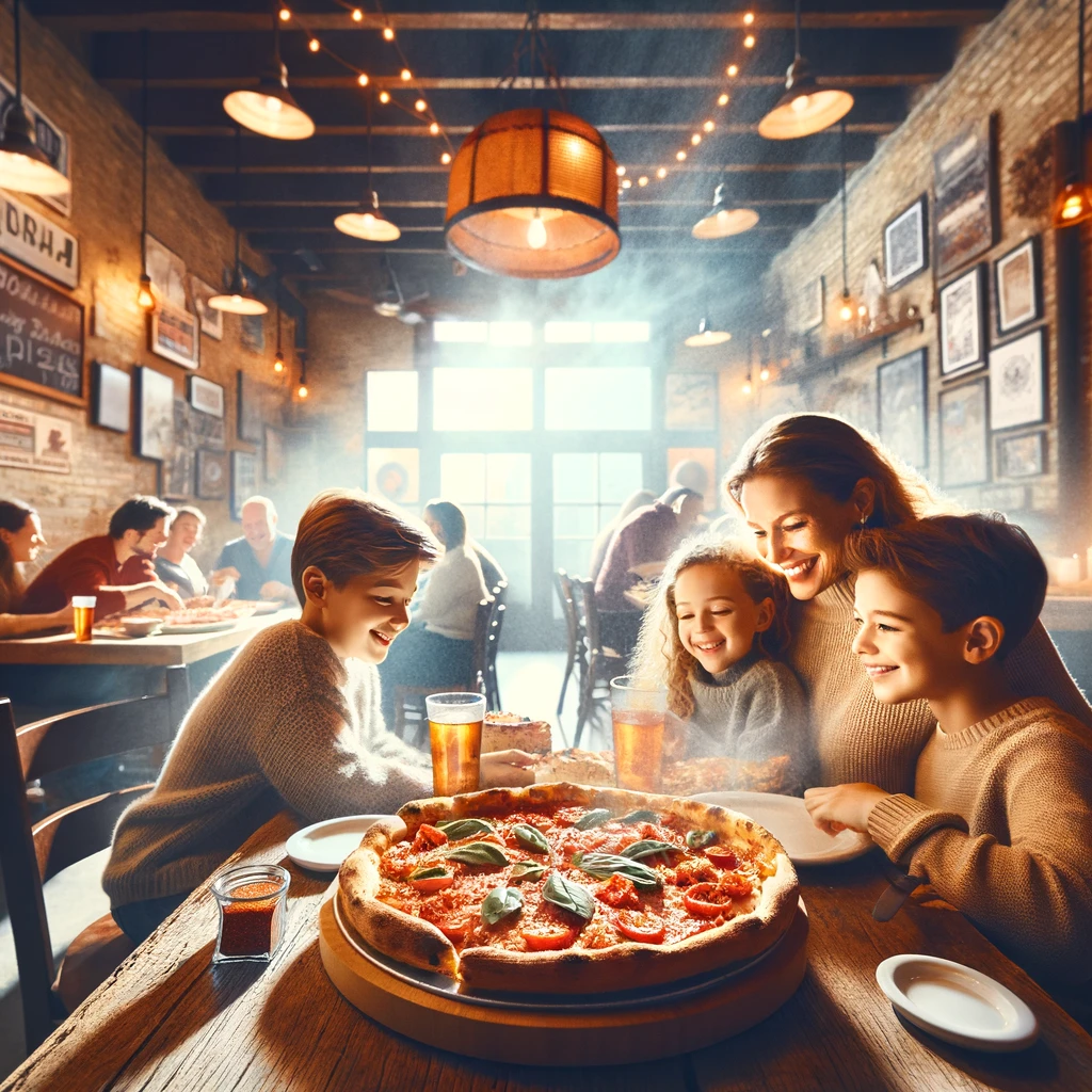 DALL·E 2024 03 30 15.57.03 Imagine A Cozy Warmly Lit Pizzeria Interior With Wooden Tables And Rustic Decor. In The Foreground A Family Is Happily Sharing A Large Steaming Chi.webp